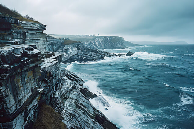 Rocky coastal cliffs with waves crashing below